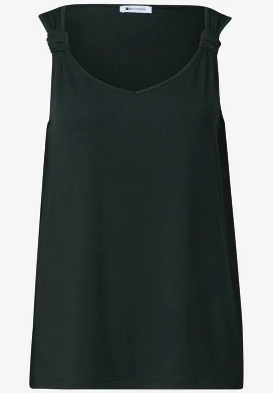 Schlichtes, ärmelloses Top in Schwarz mit V-förmigem Ausschnitt und dekorativen Knoten an den Schultern.