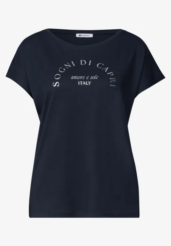 Dunkelblaues Damen-T-Shirt mit kurzen Ärmeln und weißem Schriftzug »Sogni di Capri over the top Italy«.