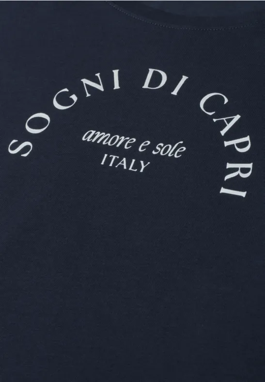 Dunkelblaues T-Shirt mit weißem Schriftzug 'SOGNI DI CAPRI' und kleinem Zusatz 'amore e sole ITALY'.