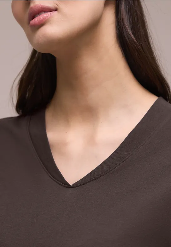 Shirt met overhangende schouders en V-hals espresso brown