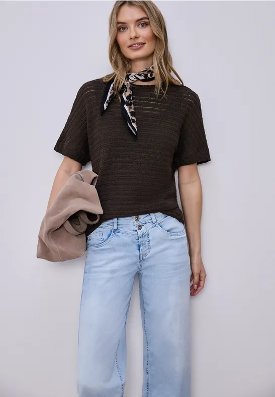 T-Shirt mit Rundhals und Struktur espresso brown