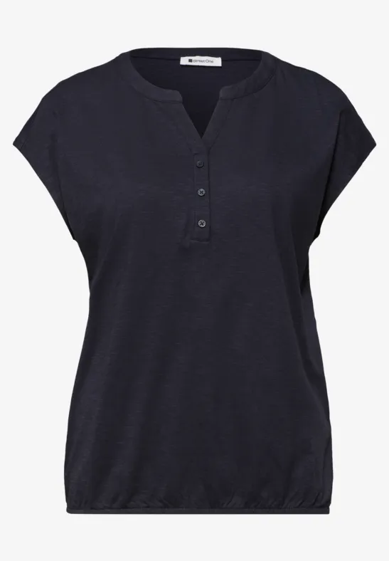 Schwarze ärmellose Damenbluse mit Knopfleiste, Rundhalsausschnitt und elastischem Saum.