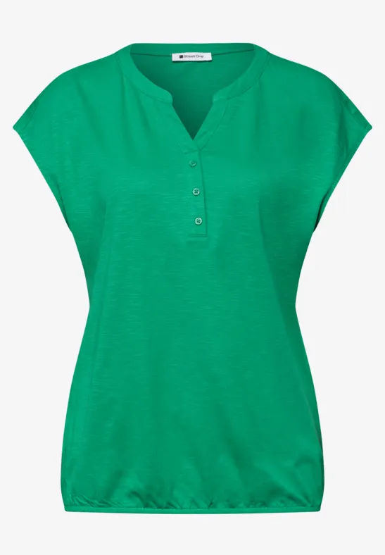 Groen damesblouseje met korte mouwen, knoopsluiting en elastische zoom.