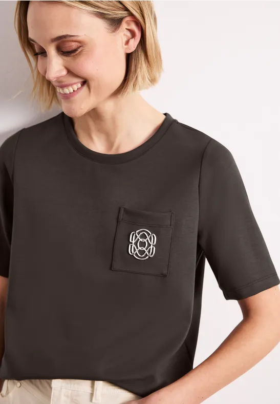 T-Shirt mit Rundhals und Deko-Detail espresso brown