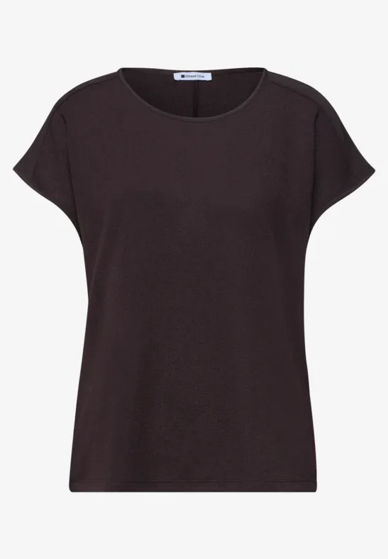 Schlichtes dunkelbraunes Kurzarm-Damen-Shirt mit rundem Ausschnitt.