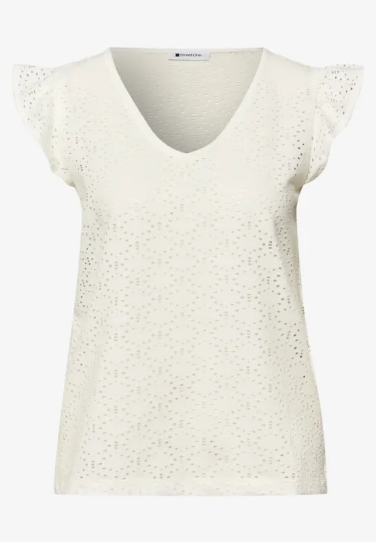 Top mit V-Neck und Lochspitze off white