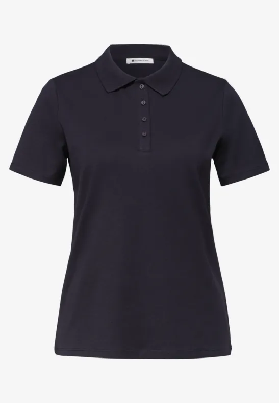 Eenvoudig zwart poloshirt met kraag, korte knoopsluiting en korte mouwen.
