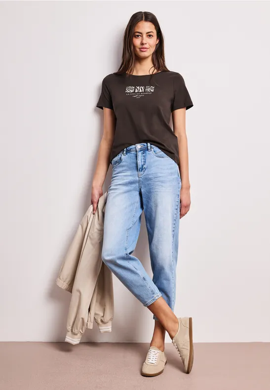 Basic T-Shirt mit Rundhals und Print espresso brown