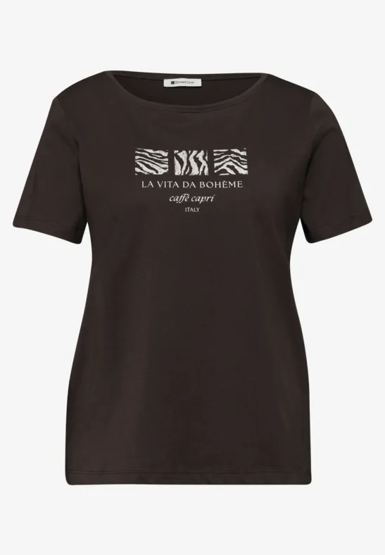 Basic T-Shirt mit Rundhals und Print espresso brown