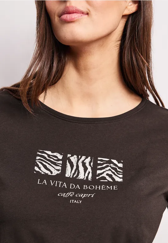 Basic T-Shirt mit Rundhals und Print espresso brown