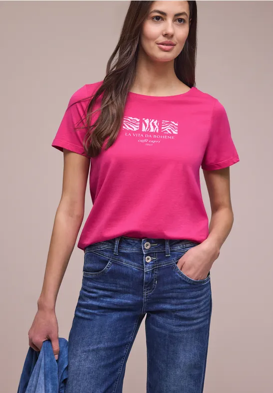 Basic T-Shirt mit Rundhals und Print magenta dream