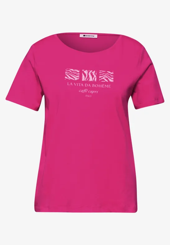 Basic T-Shirt mit Rundhals und Print magenta dream