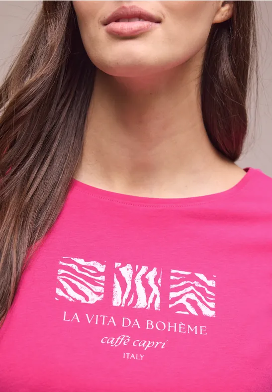 Basic T-Shirt mit Rundhals und Print magenta dream