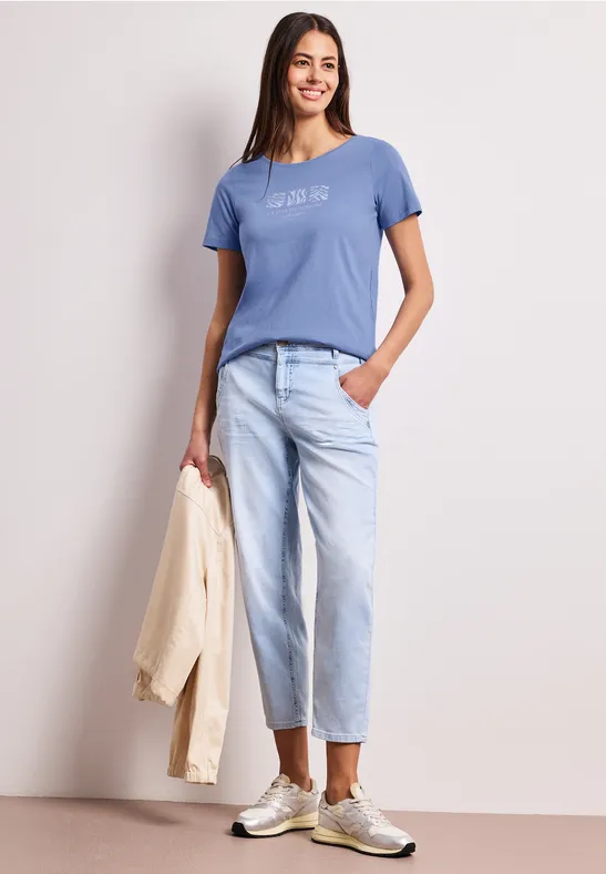 Basic Shirt met ronde hals en print drift blue