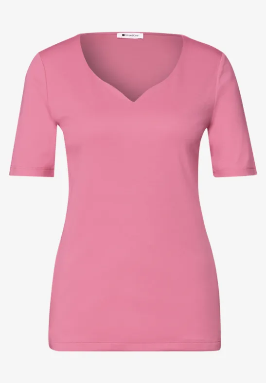 Rosafarbenes Damen T-Shirt mit V-Ausschnitt und kurzen Ärmeln.