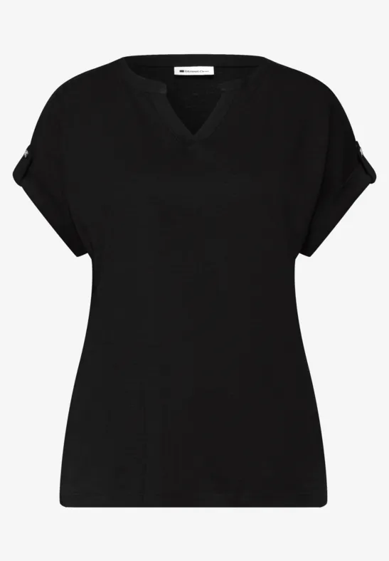 T-Shirt mit Split Neck und Knopfdetails Black