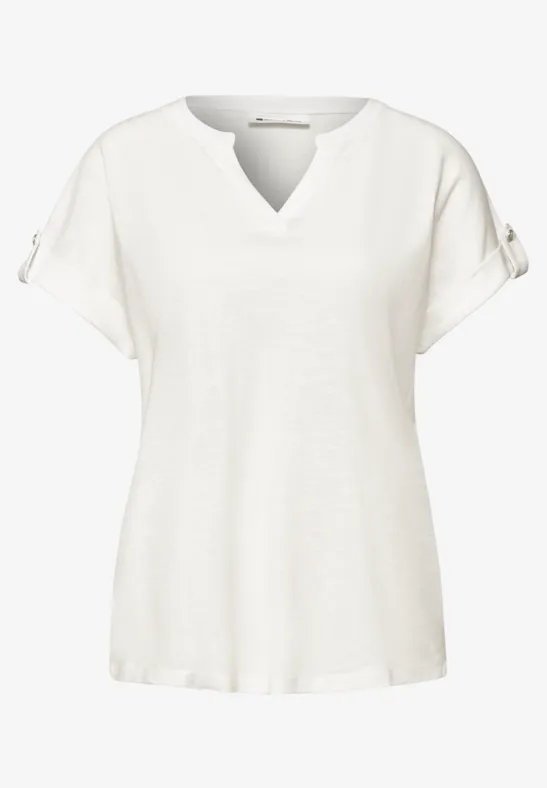 T-Shirt mit Split Neck und Knopfdetails off white