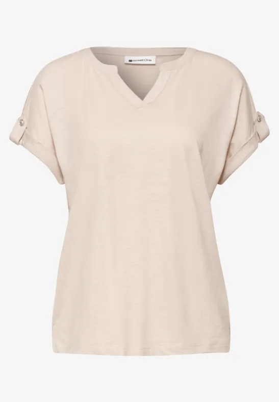 Shirt met gespleten hals en knoopdetails clay sand