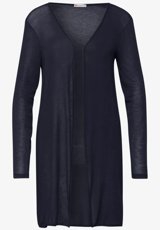 Lange zwarte opengebreide cardigan met V-hals en lange mouwen.