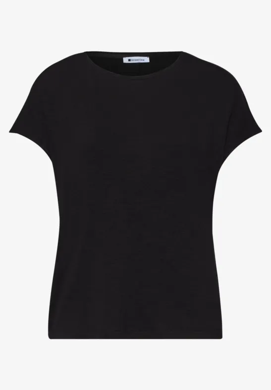 Schwarzes T-Shirt mit kurzen Ärmeln und weitem Rundhalsausschnitt