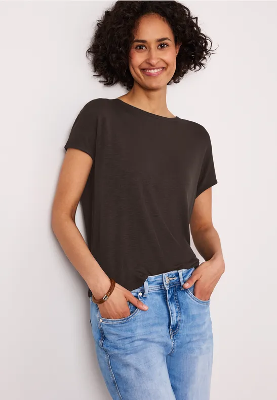 Shirt met korte mouwen en boothals espresso brown