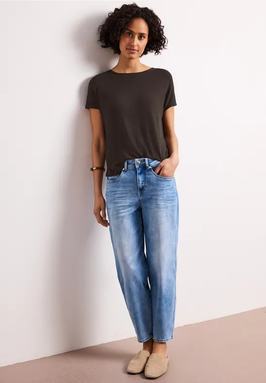 Shirt met korte mouwen en boothals espresso brown