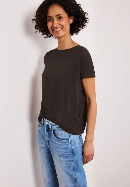 Shirt met korte mouwen en boothals espresso brown