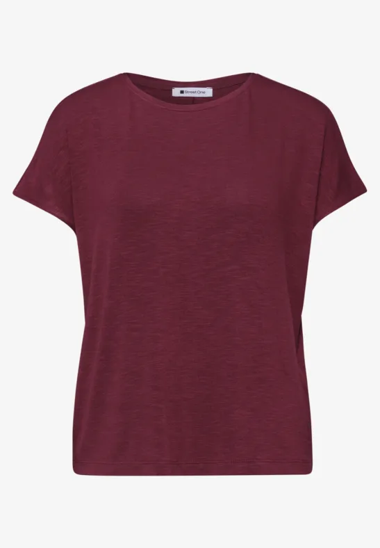 Dames T-shirt in bordeaux, korte mouwen, ronde hals, eenvoudig en casual.