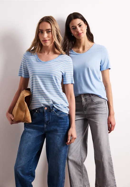 T-Shirts mit rounded V-Neck im 2er-Pack calm blue