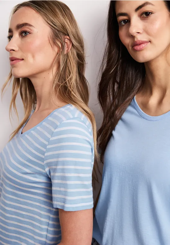 T-Shirts mit rounded V-Neck im 2er-Pack calm blue