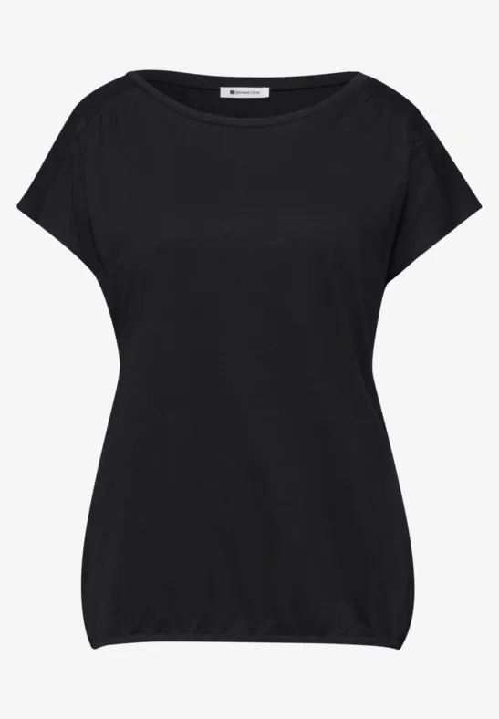 Zwarte dames top met brede ronde hals, korte mouwen en elastische zoom.