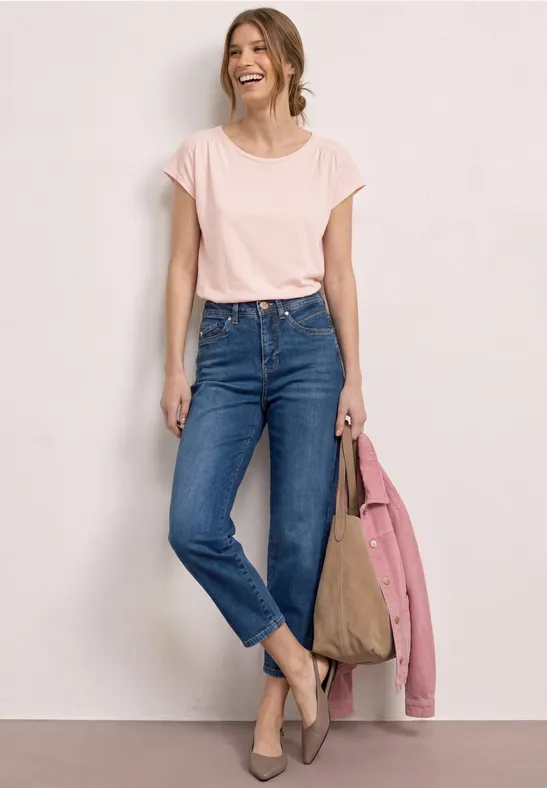 T-shirt à col rond et fronces minimal rose