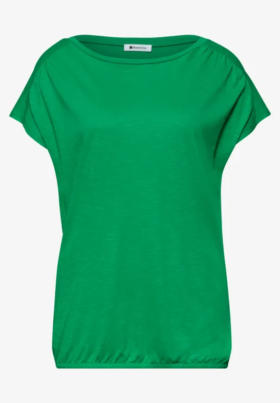 Groen dames-T-shirt met korte mouwen, brede ronde hals en elastische zoom