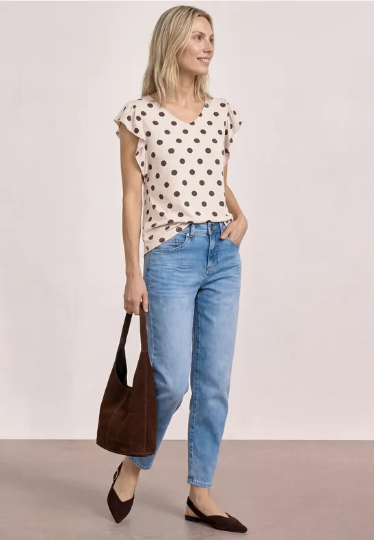 Shirt met V-hals en volantmouwen clay sand