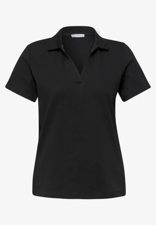 Zwart poloshirt met korte mouwen en V-hals.
