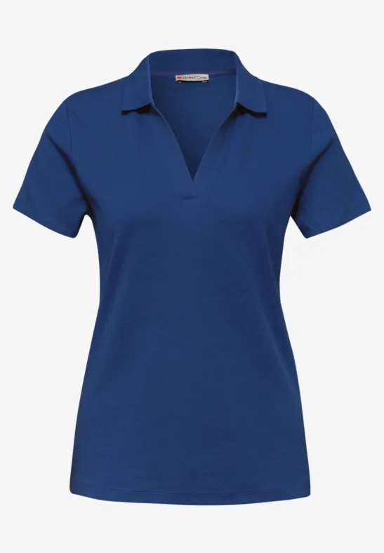 Dames polo met korte mouwen en V-hals, klassieke kraag, in helder blauw.