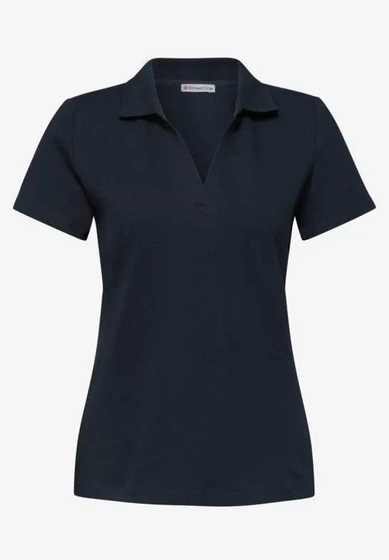 Eenvoudig dames polo T-shirt in donker marineblauw met V-hals en korte mouwen.