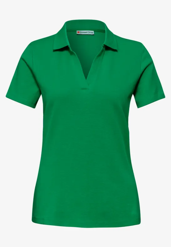 Grünes Damen-Poloshirt mit kurzen Ärmeln und V-Ausschnitt