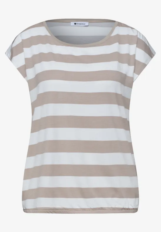 Damen-T-Shirt mit beigen und weißen Streifen, kurzärmelig, Rundhalsausschnitt und lockerem Schnitt.