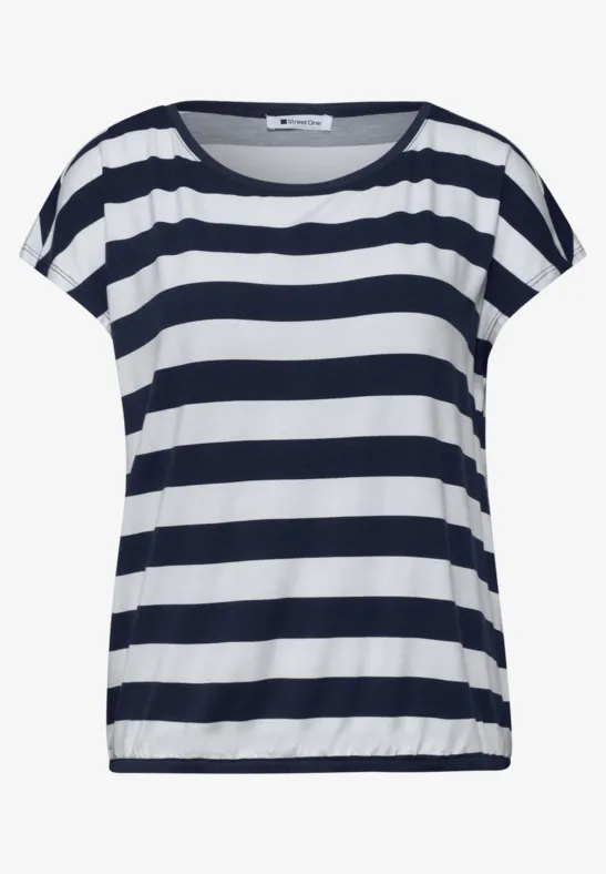 Losvallend T-shirt met korte mouwen, marineblauwe en witte horizontale strepen en ronde hals.