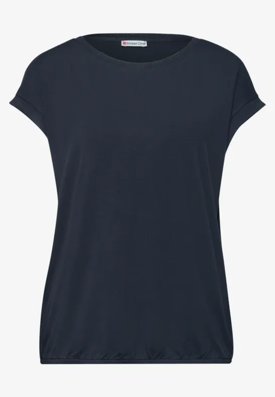 Donkerblauw damesshirt met korte mouwen, ronde hals en elastische zoom