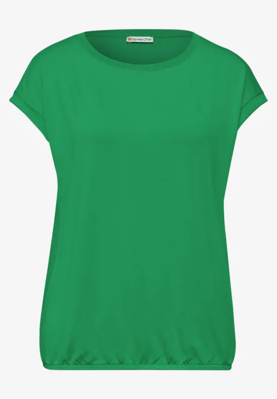Grünes Damen-T-Shirt mit kurzen Ärmeln, Rundhalsausschnitt und elastischem Saum.
