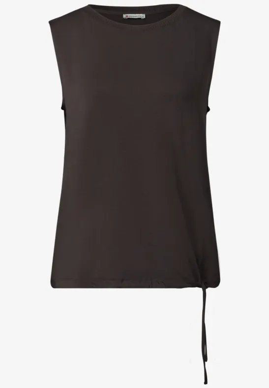 Schlichtes ärmelloses Top in Schwarz mit rundem Ausschnitt und seitlicher Schnürung am Saum.