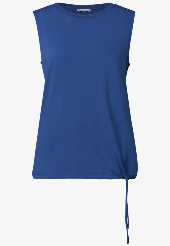 Ärmelloses blaues Tanktop mit rundem Ausschnitt und seitlicher Schnürung am Saum.