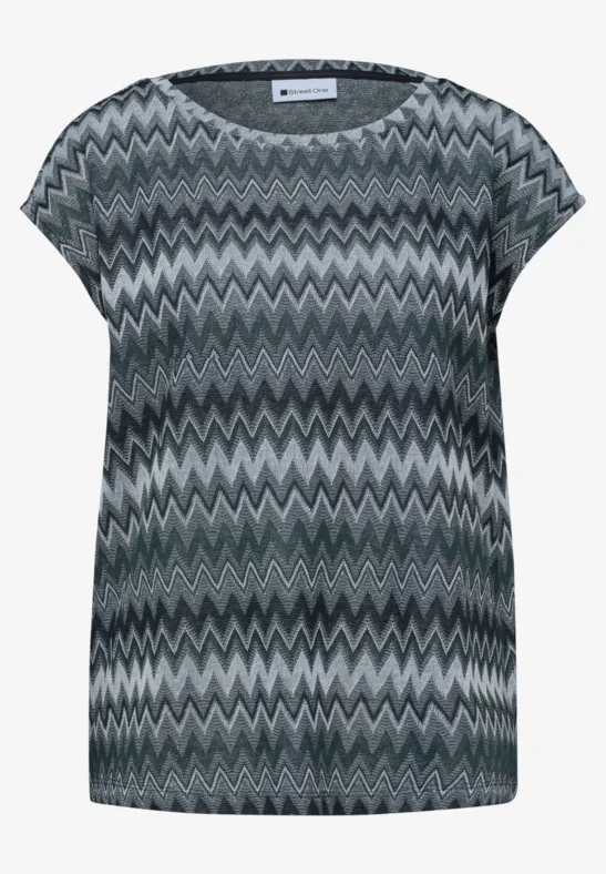 Dames T-shirt met grijs zigzagpatroon en korte mouwen.