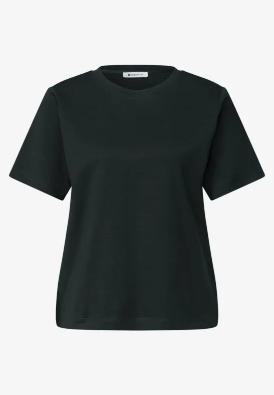 Een effen zwart dames-T-shirt met korte mouwen en ronde hals.