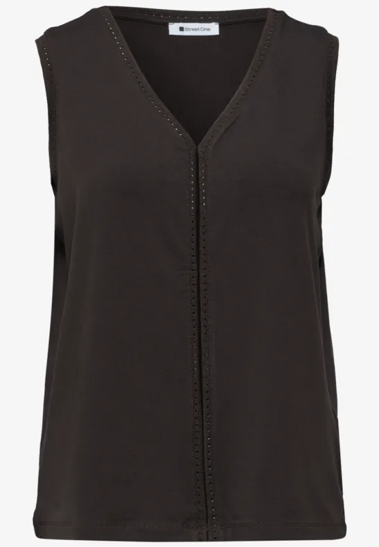 Schwarzes, ärmelloses Top mit V-Ausschnitt und zierender Naht