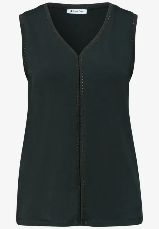 Zwart dames topje met V-hals en subtiele siernaad.