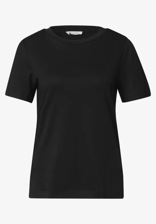 Schlichtes schwarzes T-Shirt mit kurzem Arm und Rundhalsausschnitt