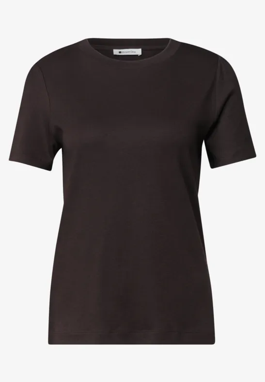 Ein schlichtes schwarzes T-Shirt mit kurzen Ärmeln und Rundhalsausschnitt.